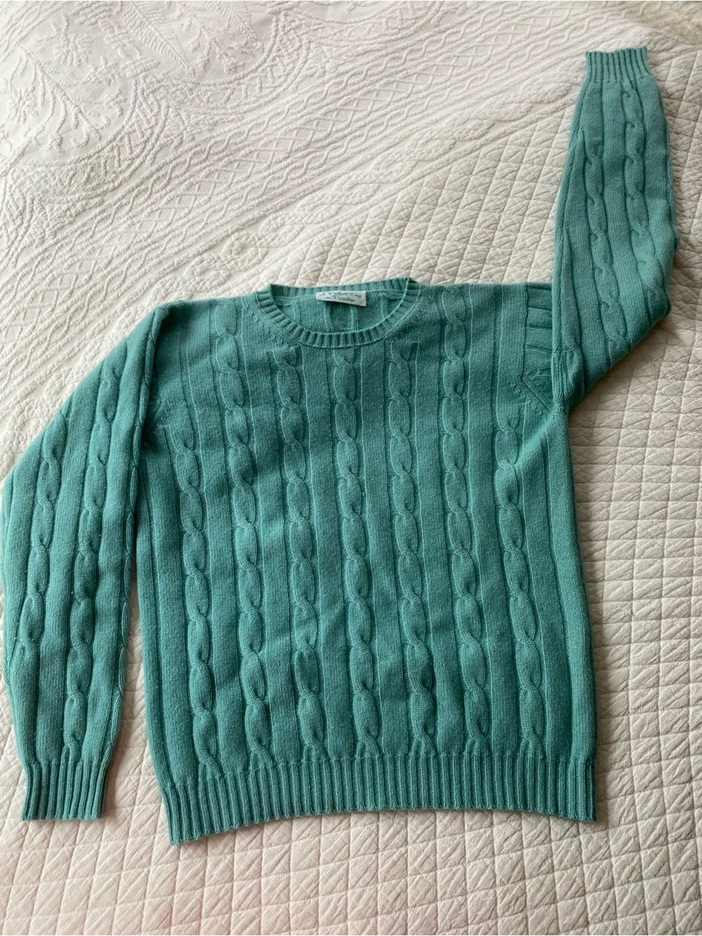 Cashmere VTG Cable Knit Crewneck Sweater Seafoam Green Old Money Quiet Luxury